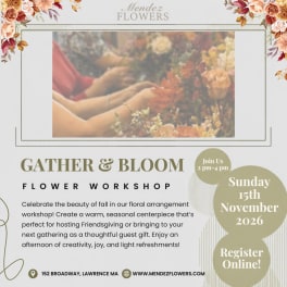Flyer for a flower workshop with floral border and event details