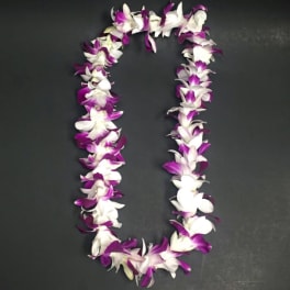 Purple and white orchid lei on a dark background