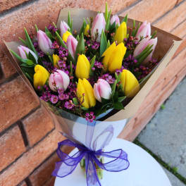 Bouquet of pink and yellow tulips with purple filler flowers