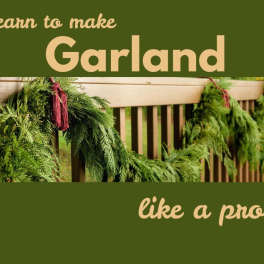 Green garland draped over a wooden railing with text overlay