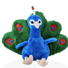 Plush peacock toy with blue body and green tail feathers