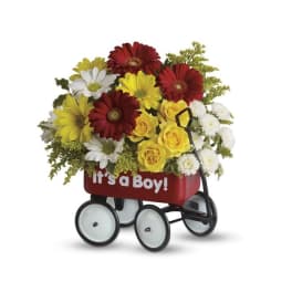 Flower arrangement in a red wagon with "It's a Boy!" text