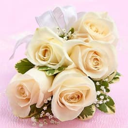 Bouquet of cream roses with white ribbon on a pink background