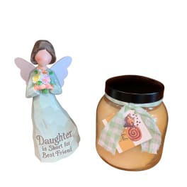 Angel figurine and a candle jar with ribbon and tag