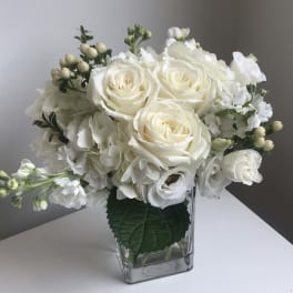 White roses and hydrangeas arranged in a clear square vase