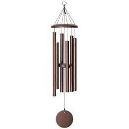 Brown metal wind chime with hanging tubes and a round clapper.