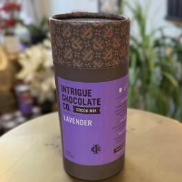 Lavender cocoa mix in a tall cylindrical container
