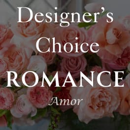 Pink and peach roses with the words "Designer’s Choice Romance Amor" overlaid