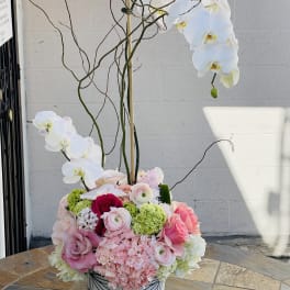 Tall floral arrangement with white orchids and pink roses in a patterned vase