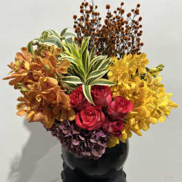Colorful orchid and rose arrangement in a black vase