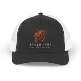 Black and white trucker cap with an orange tiger logo and text