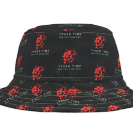 Black bucket hat with red tiger graphics and text