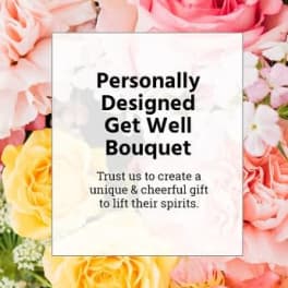 Get well bouquet card over a background of pink and yellow roses