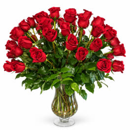 Bouquet of red roses in a clear glass vase