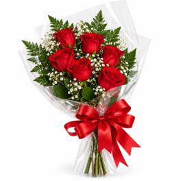 Bouquet of red roses with baby's breath and a red ribbon