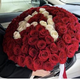 Large bouquet of red and white roses in a car