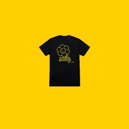 Black T-shirt with a yellow smiley flower graphic on a yellow background