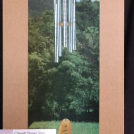 Silver wind chime hanging in front of a forest scene