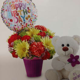 Birthday balloon, mixed flower arrangement, and teddy bear gift set