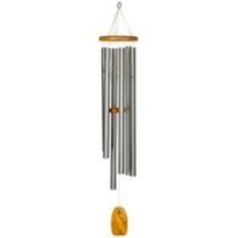 Hanging metal wind chime with a small gold-toned ornament
