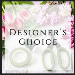 Designer’s Choice floral sign with pink tulips and white flowers