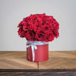 Red rose bouquet in a round red box with a white ribbon