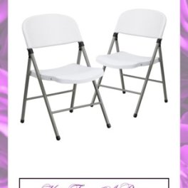 Two white folding chairs on a rental flyer