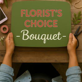 Hands hold a green sign reading "FLORIST'S CHOICE Bouquet" on a wooden table.