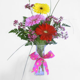 Gerbera daisy bouquet in a glass vase with a pink ribbon