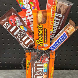 Candy bouquet made from assorted chocolate bars and candy packages