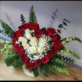 Red and white roses arranged in a white vase with baby's breath