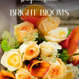 Bouquet of peach and cream roses with orange calla lilies