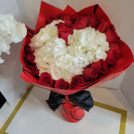 Red roses and white hydrangeas wrapped in red paper with a black ribbon