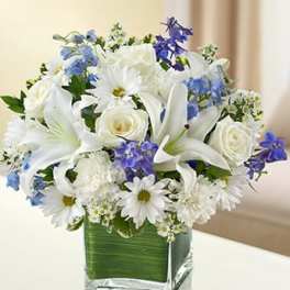 White lilies, roses, and daisies with blue flowers in a square glass vase