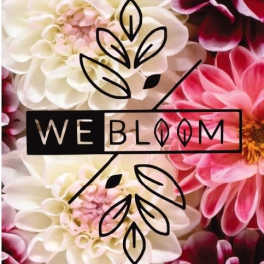 Close-up of white and pink dahlia-like flowers with a Webloom logo overlay