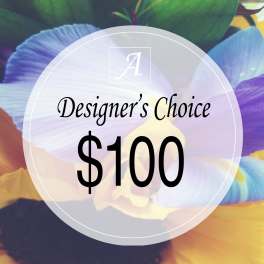 Designer’s Choice $100 floral arrangement graphic with colorful petals