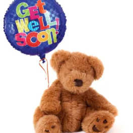 Teddy bear with a blue "Get Well Soon!" balloon