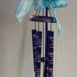 Black memorial wind chime with a blue ribbon bow