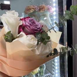 Roses, Eucalyptus wrapped in floral paper