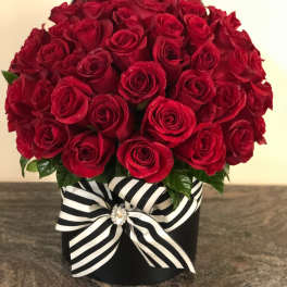 Red rose arrangement in a black box with a striped ribbon