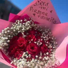 Bouquet of red roses with white baby's breath in pink wrapping