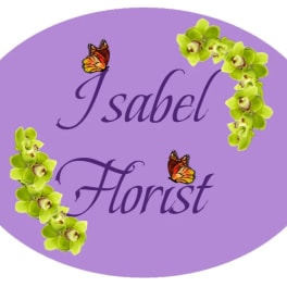Purple florist logo with green orchid sprays and butterflies
