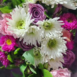 Bouquet of white daisies, purple roses, and pink carnations