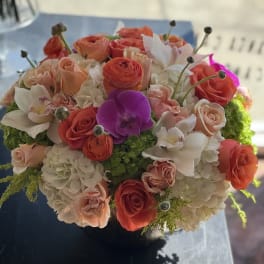 Round bouquet of coral and blush roses with white orchids and hydrangeas