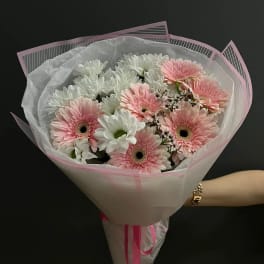 Bouquet of pink and white gerbera daisies wrapped in pink paper