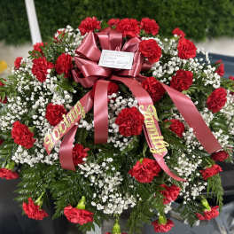 Red carnations and baby's breath arranged with a pink ribbon bow