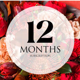 Red and peach floral arrangement with a "12 months subscription" overlay