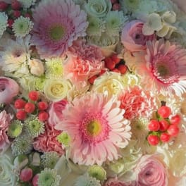 Bouquet of pink and white mixed flowers wrapped in pale paper