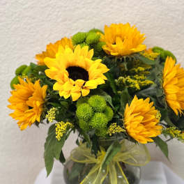Bouquet of yellow sunflowers and green pom flowers in a glass vase with a yellow ribbon.