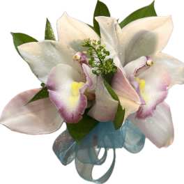 White and lavender orchid corsage with a blue ribbon bow